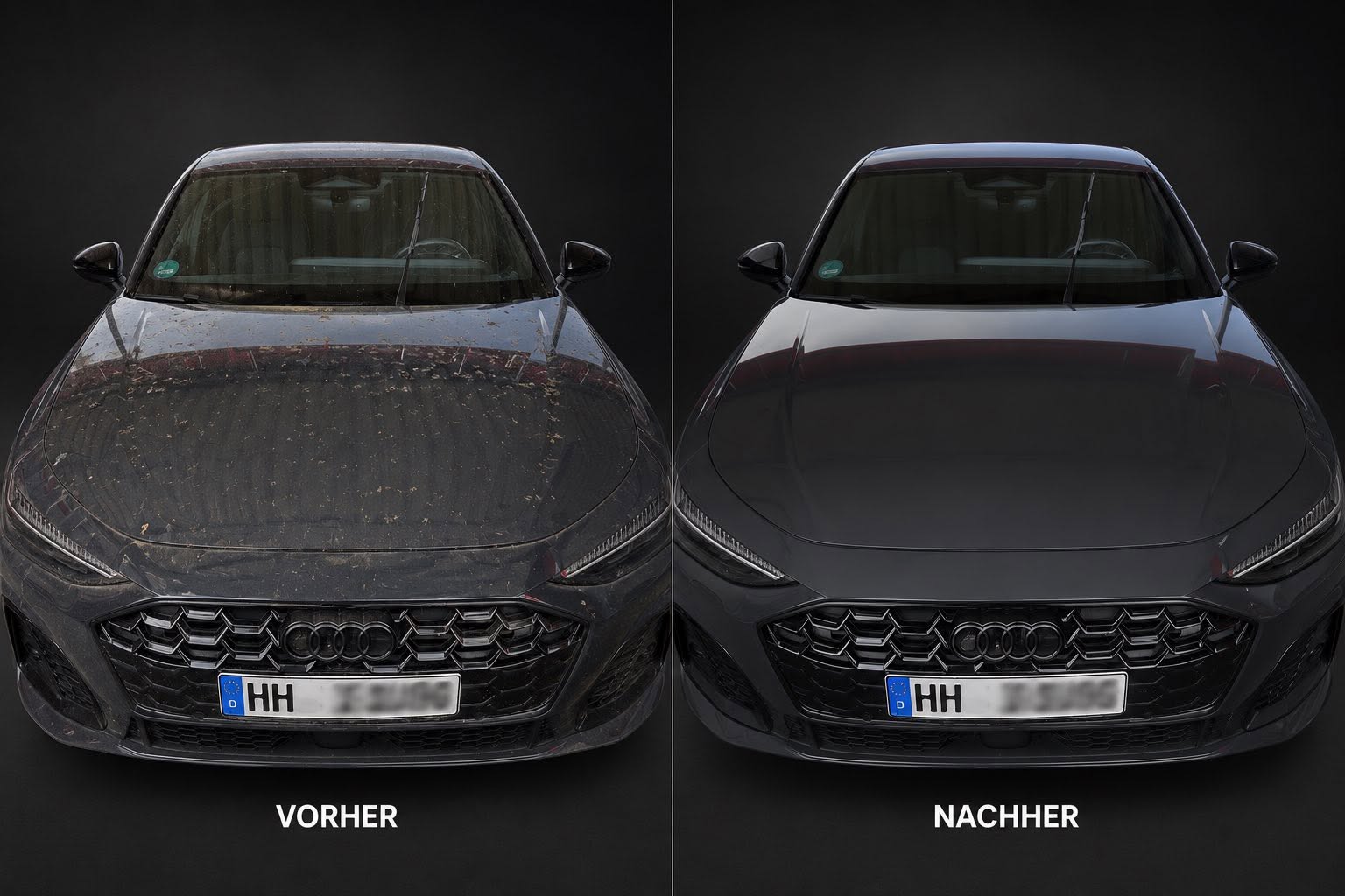 Audi Motorhaube vorher mit Schmutz und Pollen bedeckt, nachher glänzend poliert